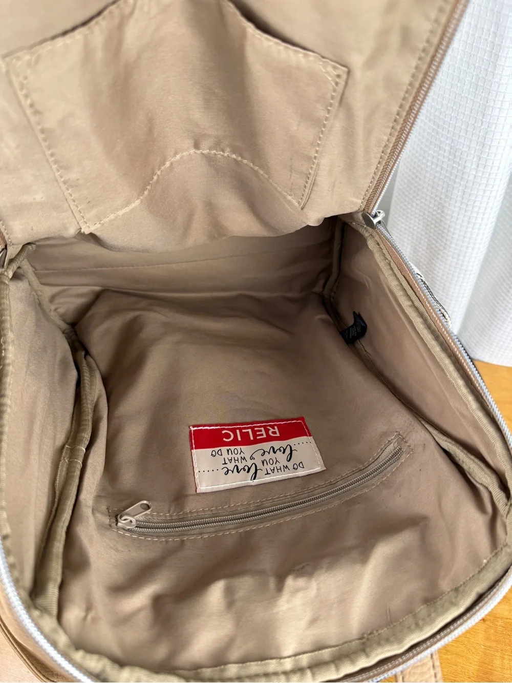 Relic Striped Black & Cream Canvas Backpack Purse with Tan Trim - EUC